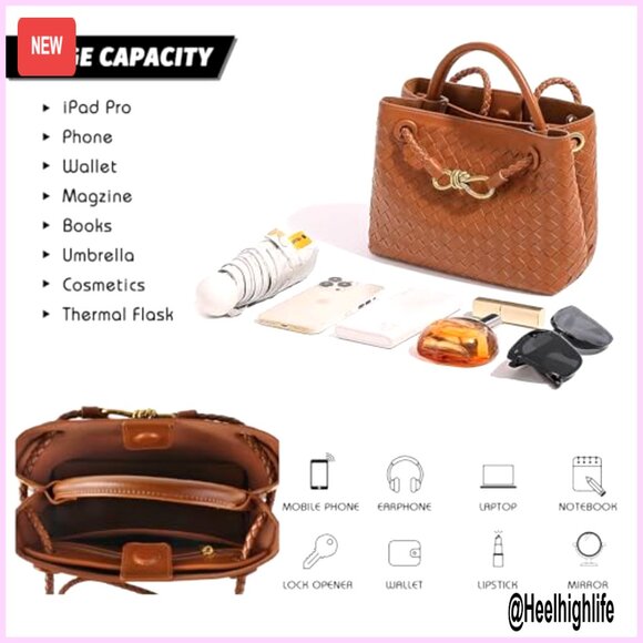 Vegan Leather Woven Tote Hobo Shoulder Crossbody Bag Chic Retro Elegant - Picture 2 of 6